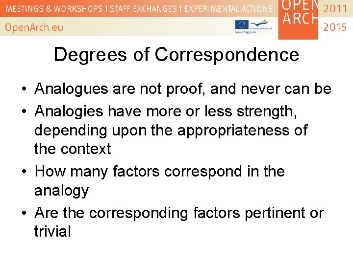 Degrees of Correspondence • Analogues are not proof, and never can be • Analogies