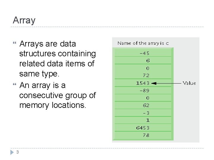 Arrays are data structures containing related data items of same type. An array is