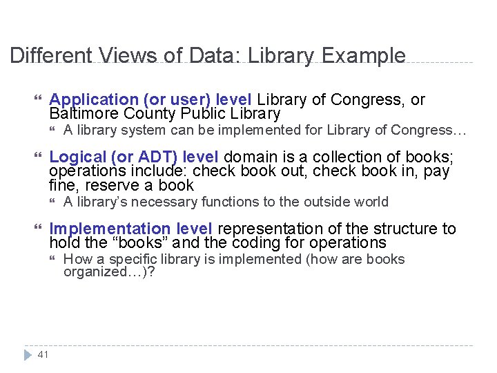 Different Views of Data: Library Example Application (or user) level Library of Congress, or