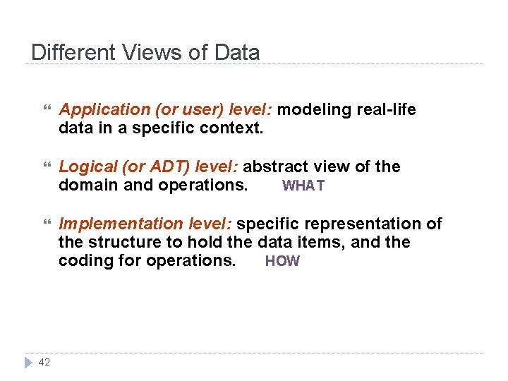 Different Views of Data Application (or user) level: modeling real-life data in a specific