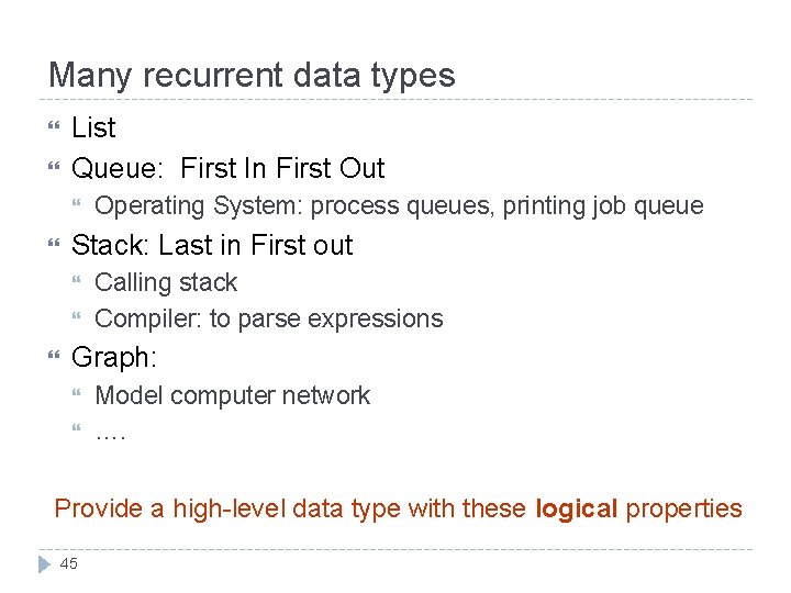 Many recurrent data types List Queue: First In First Out Stack: Last in First
