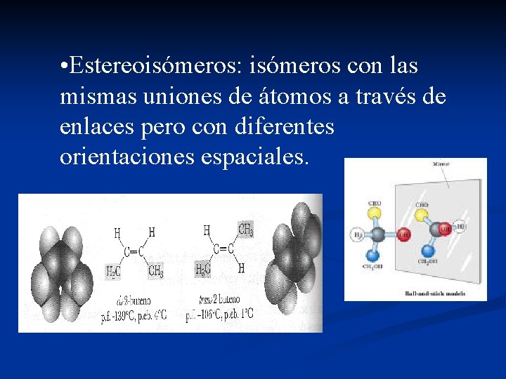  • Estereoisómeros: isómeros con las mismas uniones de átomos a través de enlaces