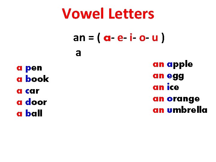 Vowel Letters an = ( a- e- i- o- u ) a a pen