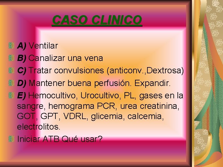 CASO CLINICO A) Ventilar B) Canalizar una vena C) Tratar convulsiones (anticonv. , Dextrosa)