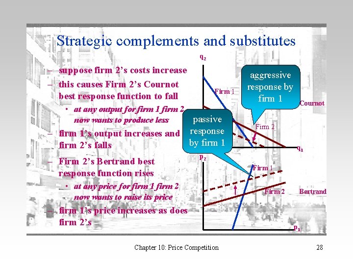 Strategic complements and substitutes q 2 – suppose firm 2’s costs increase – this