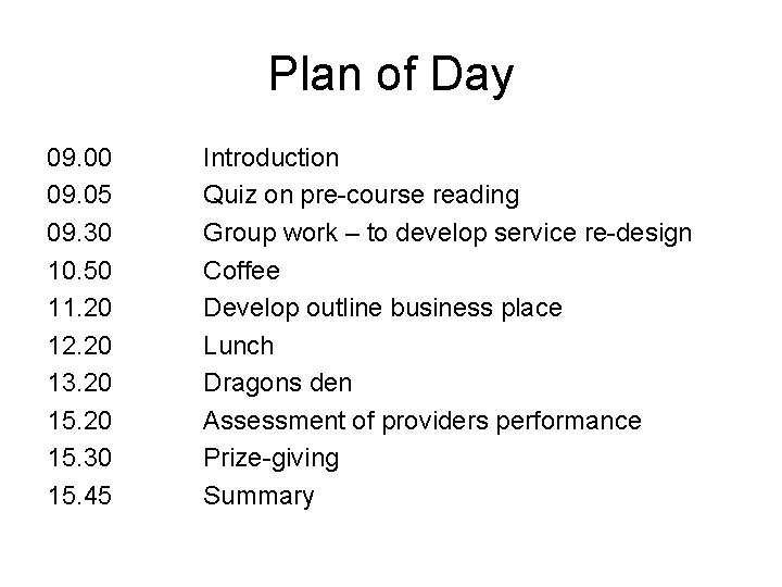 Plan of Day 09. 00 09. 05 09. 30 10. 50 11. 20 12.