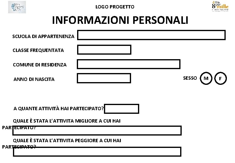 LOGO PROGETTO INFORMAZIONI PERSONALI SCUOLA DI APPARTENENZA CLASSE FREQUENTATA COMUNE DI RESIDENZA ANNO DI