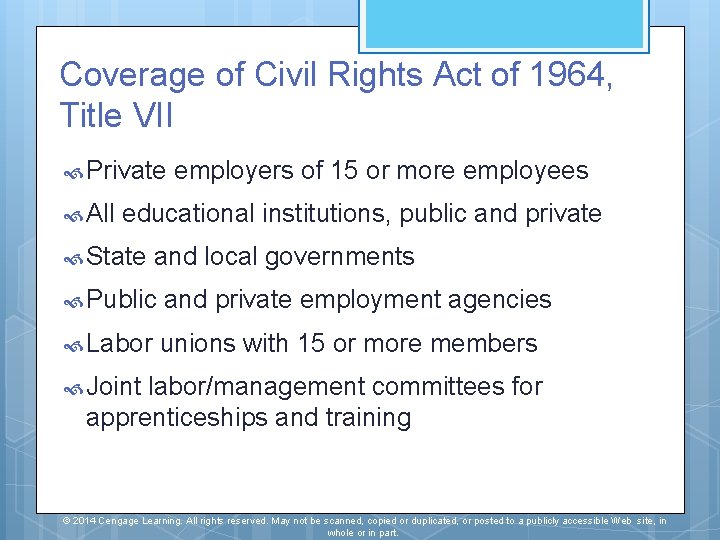 Coverage of Civil Rights Act of 1964, Title VII Private All employers of 15 Coverage of Civil Rights Act of 1964, Title VII Private All employers of 15