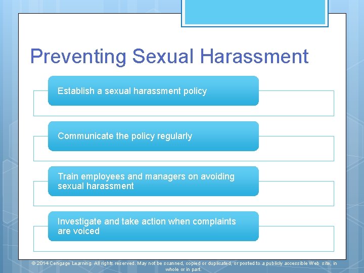 Preventing Sexual Harassment Establish a sexual harassment policy Communicate the policy regularly Train employees Preventing Sexual Harassment Establish a sexual harassment policy Communicate the policy regularly Train employees