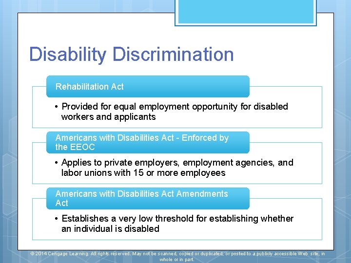 Disability Discrimination Rehabilitation Act • Provided for equal employment opportunity for disabled workers and Disability Discrimination Rehabilitation Act • Provided for equal employment opportunity for disabled workers and