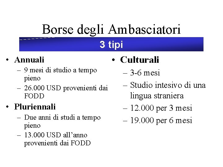 Borse degli Ambasciatori • Annuali 3 tipi • Culturali – 9 mesi di studio