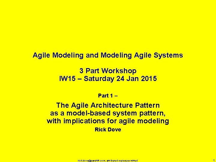 Agile Modeling and Modeling Agile Systems 3 Part Workshop IW 15 – Saturday 24