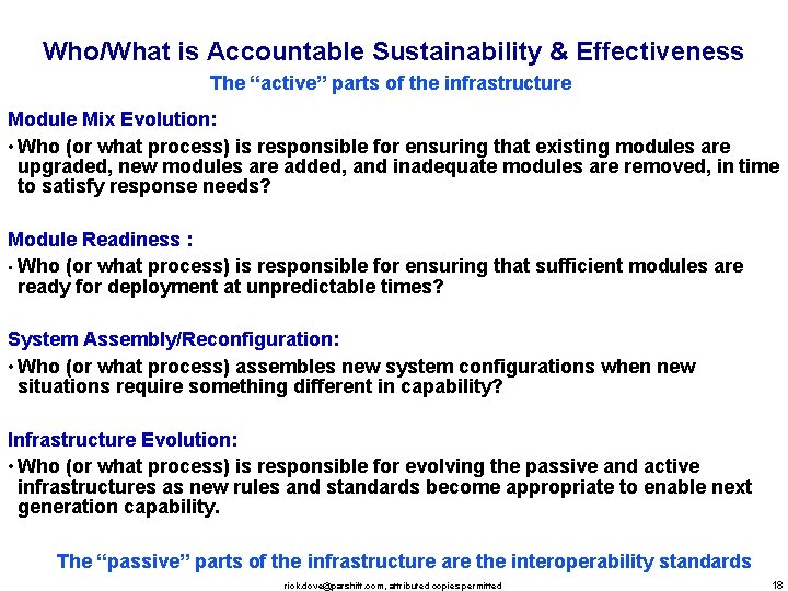 Who/What is Accountable Sustainability & Effectiveness The “active” parts of the infrastructure Module Mix