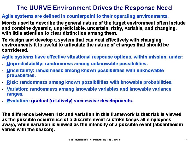 The UURVE Environment Drives the Response Need Agile systems are defined in counterpoint to