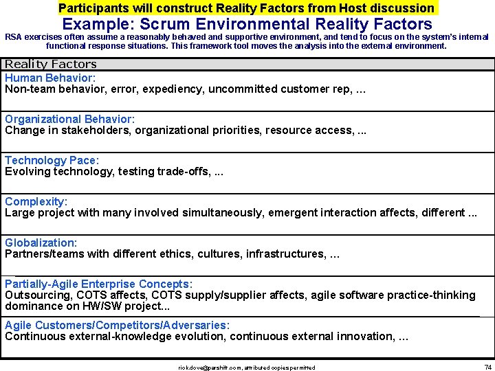 Participants will construct Reality Factors from Host discussion Example: Scrum Environmental Reality Factors RSA