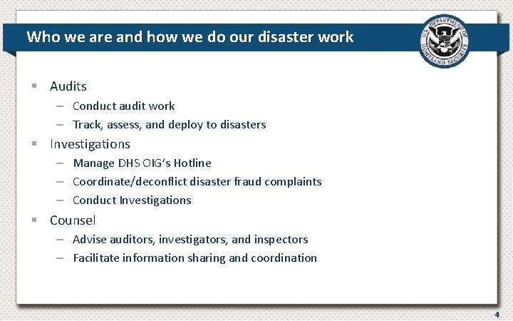 Who we are and how we do our disaster work § Audits – Conduct Who we are and how we do our disaster work § Audits – Conduct