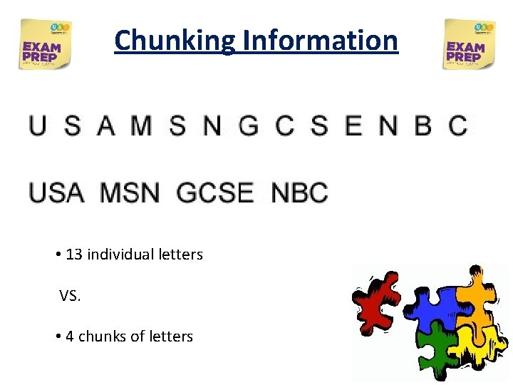 Chunking Information • 13 individual letters VS. • 4 chunks of letters Chunking Information • 13 individual letters VS. • 4 chunks of letters
