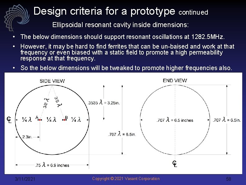 Design criteria for a prototype continued Ellipsoidal resonant cavity inside dimensions: • The below