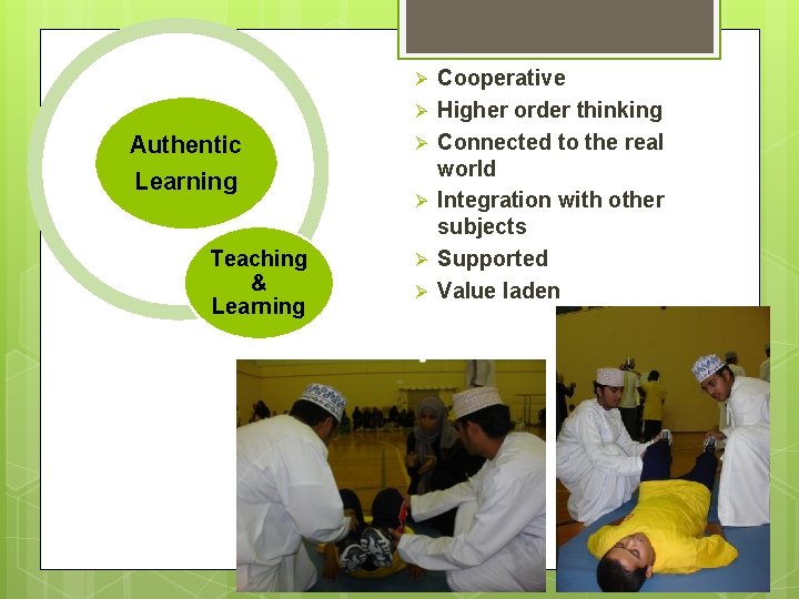 Ø Ø Authentic Learning Teaching & Learning Ø Ø Cooperative Higher order thinking Connected