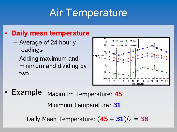 Air Temperature • Daily mean temperature – Average of 24 hourly readings – Adding