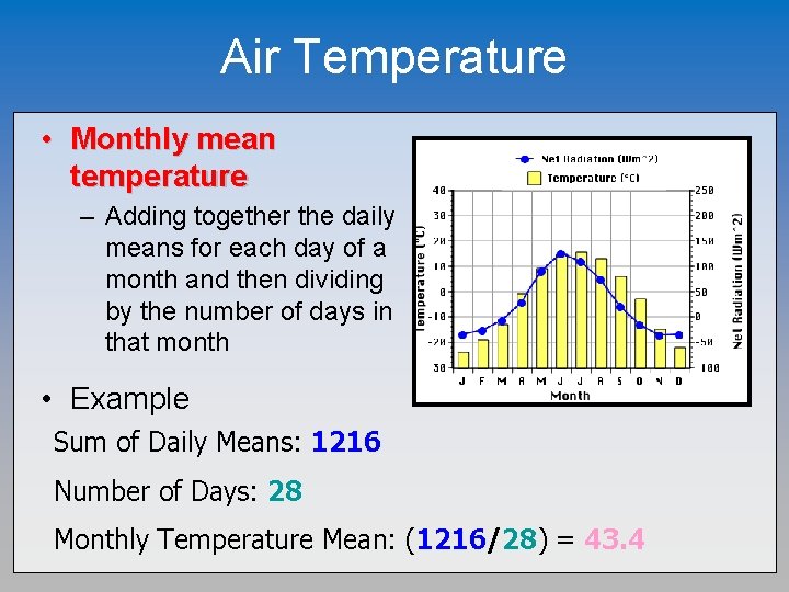 Air Temperature • Monthly mean temperature – Adding together the daily means for each