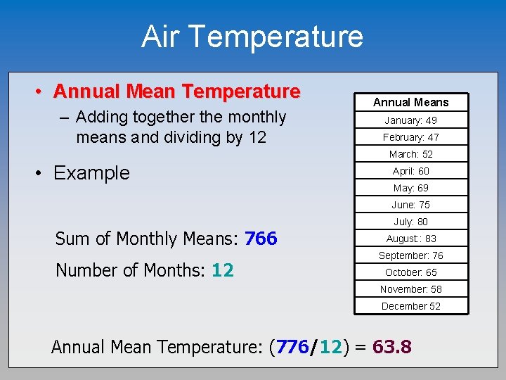 Air Temperature • Annual Mean Temperature – Adding together the monthly means and dividing