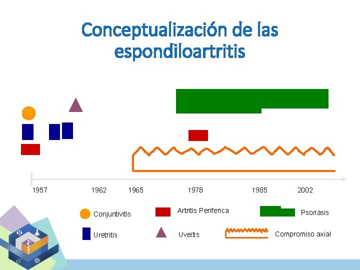 Conceptualización de las espondiloartritis 1957 1962 1965 1978 Conjuntivitis Artritis Periferica Uretritis Uveitis 1985