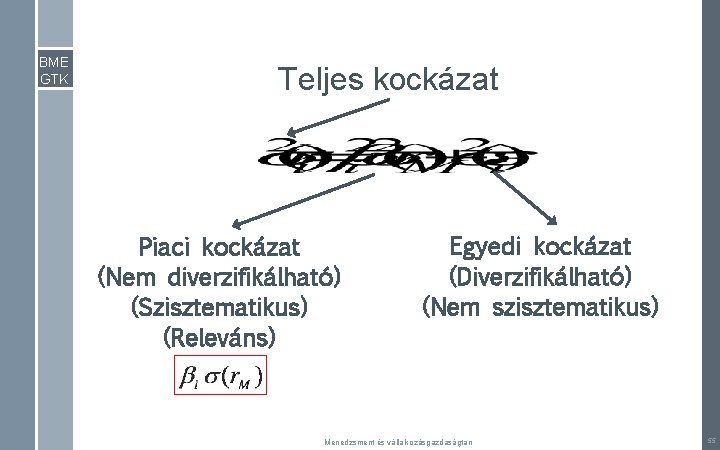 BME GTK Teljes kockázat Piaci kockázat (Nem diverzifikálható) (Szisztematikus) (Releváns) Egyedi kockázat (Diverzifikálható) (Nem