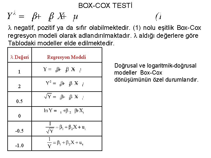 BOX-COX TESTİ negatif, pozitif ya da sıfır olabilmektedir. (1) nolu eşitlik Box-Cox regresyon modeli