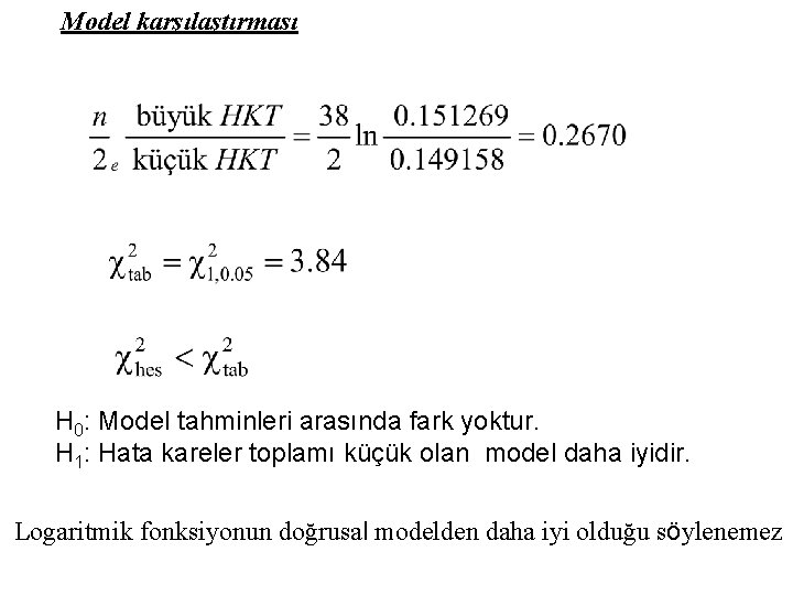 Model karşılaştırması H 0: Model tahminleri arasında fark yoktur. H 1: Hata kareler toplamı