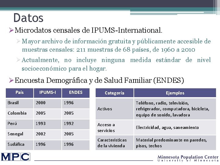Datos ØMicrodatos censales de IPUMS-International. Ø Mayor archivo de información gratuita y públicamente accesible