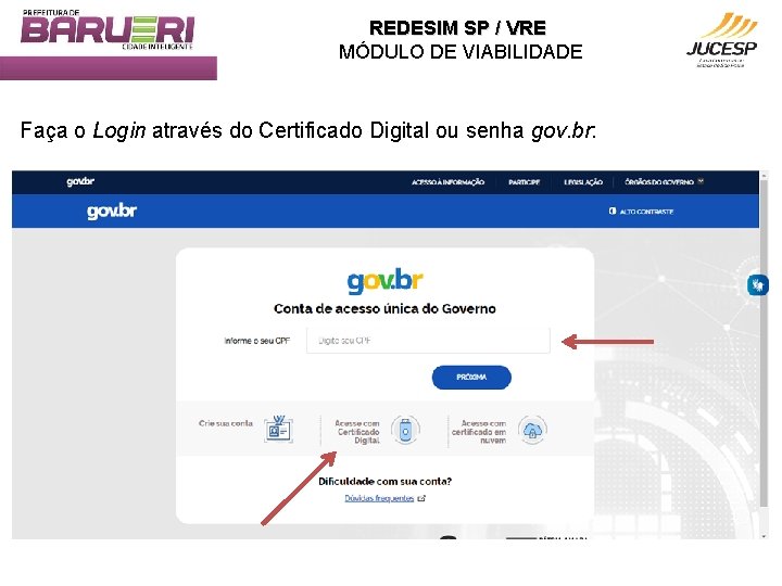 REDESIM SP / VRE MÓDULO DE VIABILIDADE Faça o Login através do Certificado Digital