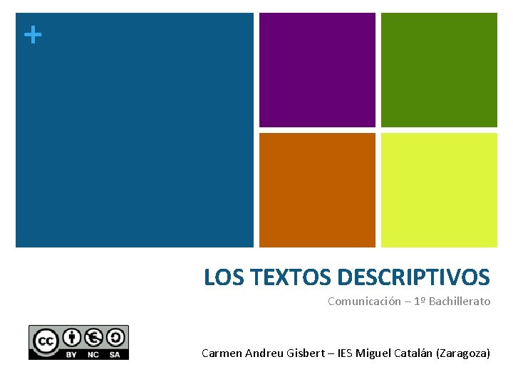 + LOS TEXTOS DESCRIPTIVOS Comunicación – 1º Bachillerato Carmen Andreu Gisbert – IES Miguel