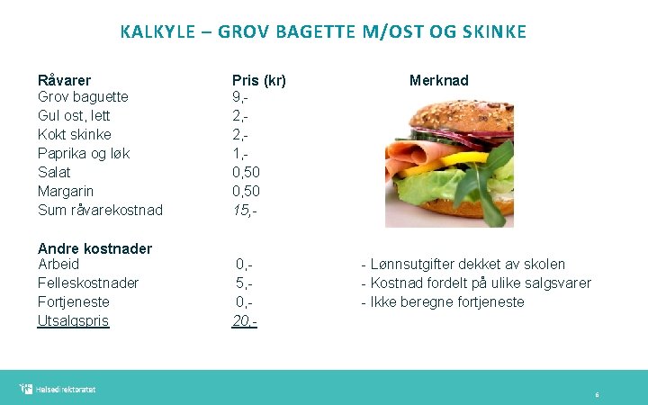 KALKYLE – GROV BAGETTE M/OST OG SKINKE Råvarer Grov baguette Gul ost, lett Kokt