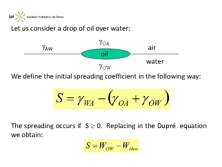Let us consider a drop of oil over water: AW OA oil air water