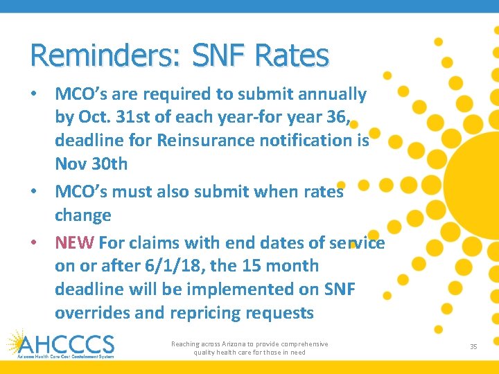 Reminders: SNF Rates • MCO’s are required to submit annually by Oct. 31 st