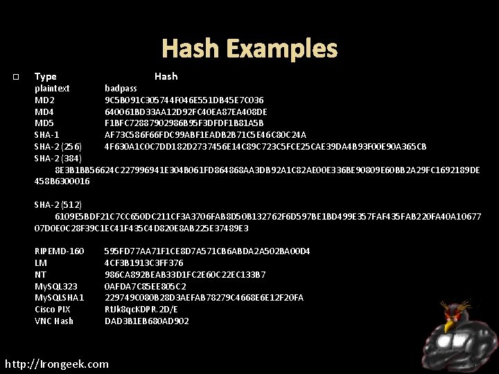 Hash Examples Type Hash plaintext badpass MD 2 9 C 5 B 091 C