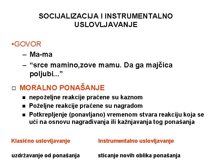 SOCIJALIZACIJA I INSTRUMENTALNO USLOVLJAVANJE • GOVOR – Ma-ma – “srce mamino, zove mamu. Da