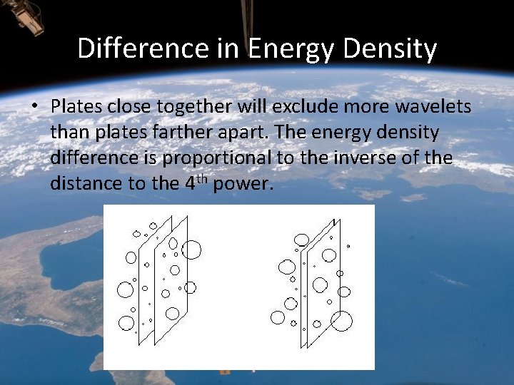 Difference in Energy Density • Plates close together will exclude more wavelets than plates Difference in Energy Density • Plates close together will exclude more wavelets than plates