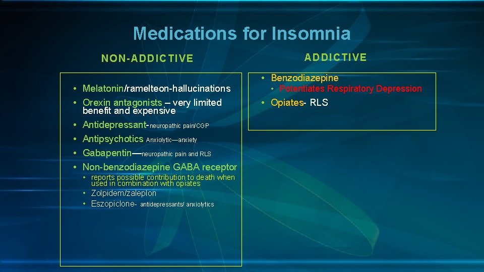 Medications for Insomnia NON-ADDICTIVE • Melatonin/ramelteon-hallucinations • Orexin antagonists – very limited benefit and