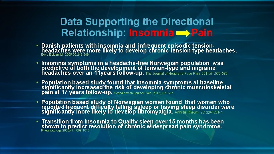 Data Supporting the Directional Relationship: Insomnia Pain • Danish patients with insomnia and infrequent