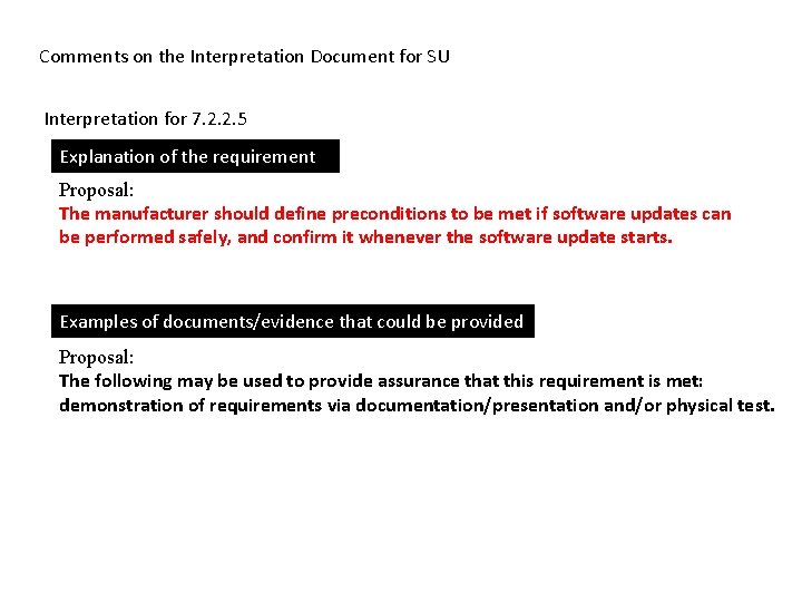Comments on the Interpretation Document for SU Interpretation for 7. 2. 2. 5 Explanation