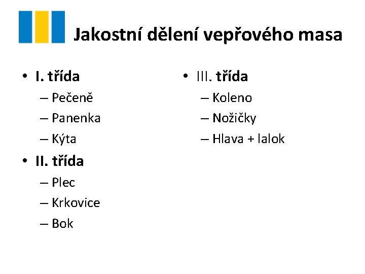 Jakostní dělení vepřového masa • I. třída – Pečeně – Panenka – Kýta •