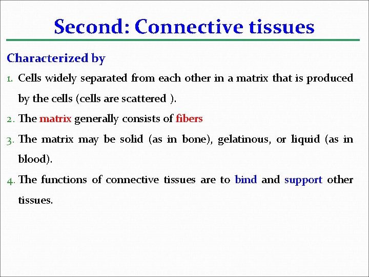 Second: Connective tissues Characterized by 1. Cells widely separated from each other in a