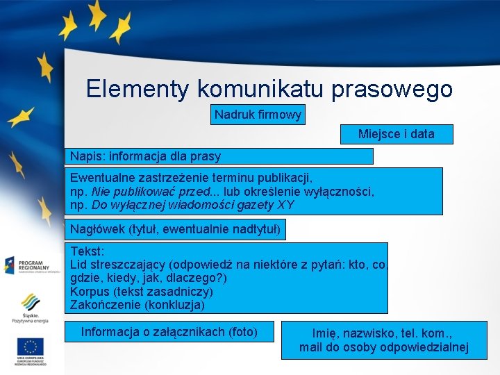 Elementy komunikatu prasowego Nadruk firmowy Miejsce i data Napis: informacja dla prasy Ewentualne zastrzeżenie