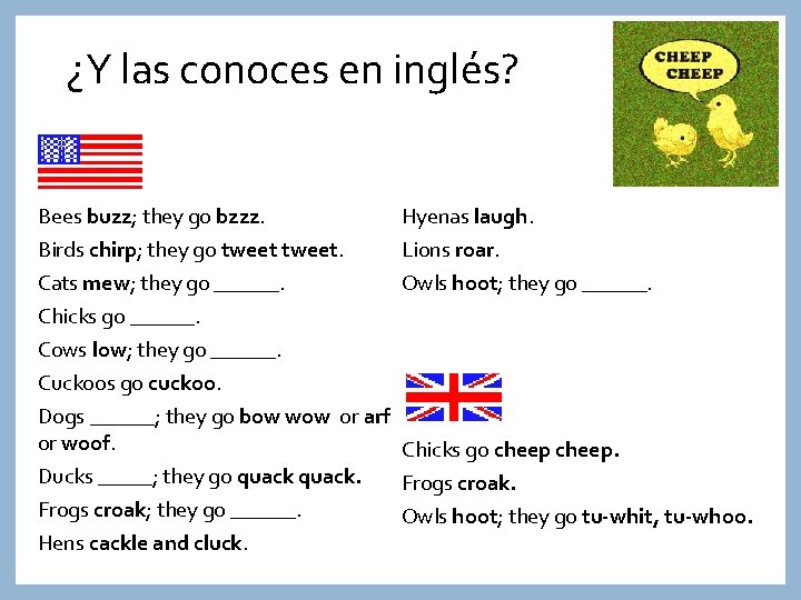 ¿Y las conoces en inglés? Bees buzz; they go bzzz. Hyenas laugh. Lions roar.