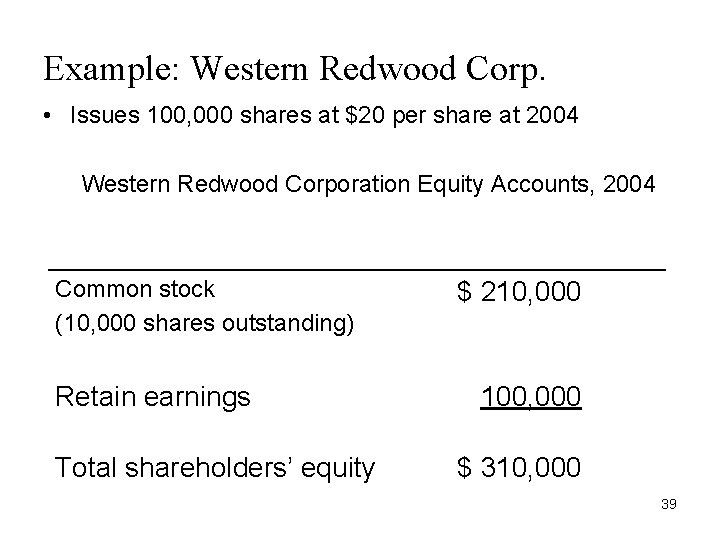 Example: Western Redwood Corp. • Issues 100, 000 shares at $20 per share at
