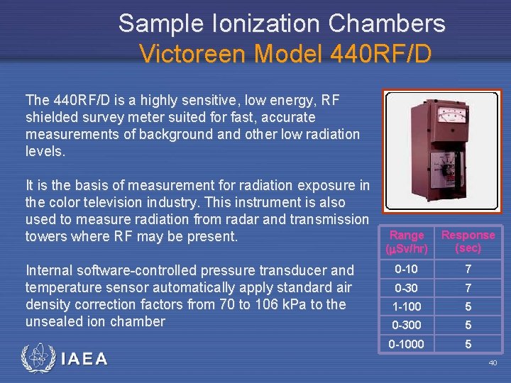 Sample Ionization Chambers Victoreen Model 440 RF/D The 440 RF/D is a highly sensitive,