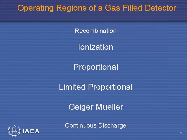Operating Regions of a Gas Filled Detector Recombination Ionization Proportional Limited Proportional Geiger Mueller