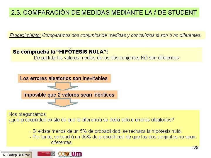 2. 3. COMPARACIÓN DE MEDIDAS MEDIANTE LA t DE STUDENT Procedimiento: Comparamos dos conjuntos